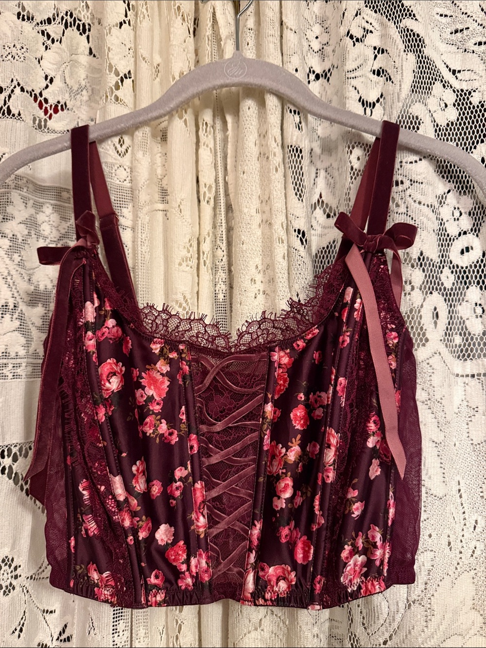 Victoria’s Secret Floral Lace-Up Burgundy Crop Camisole